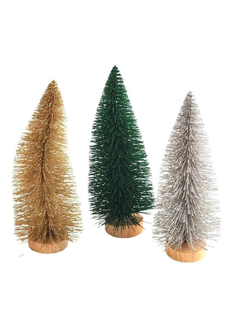 Bottle Brush Trees Gold Green Silver Set 3 8 Inch Wooden Base